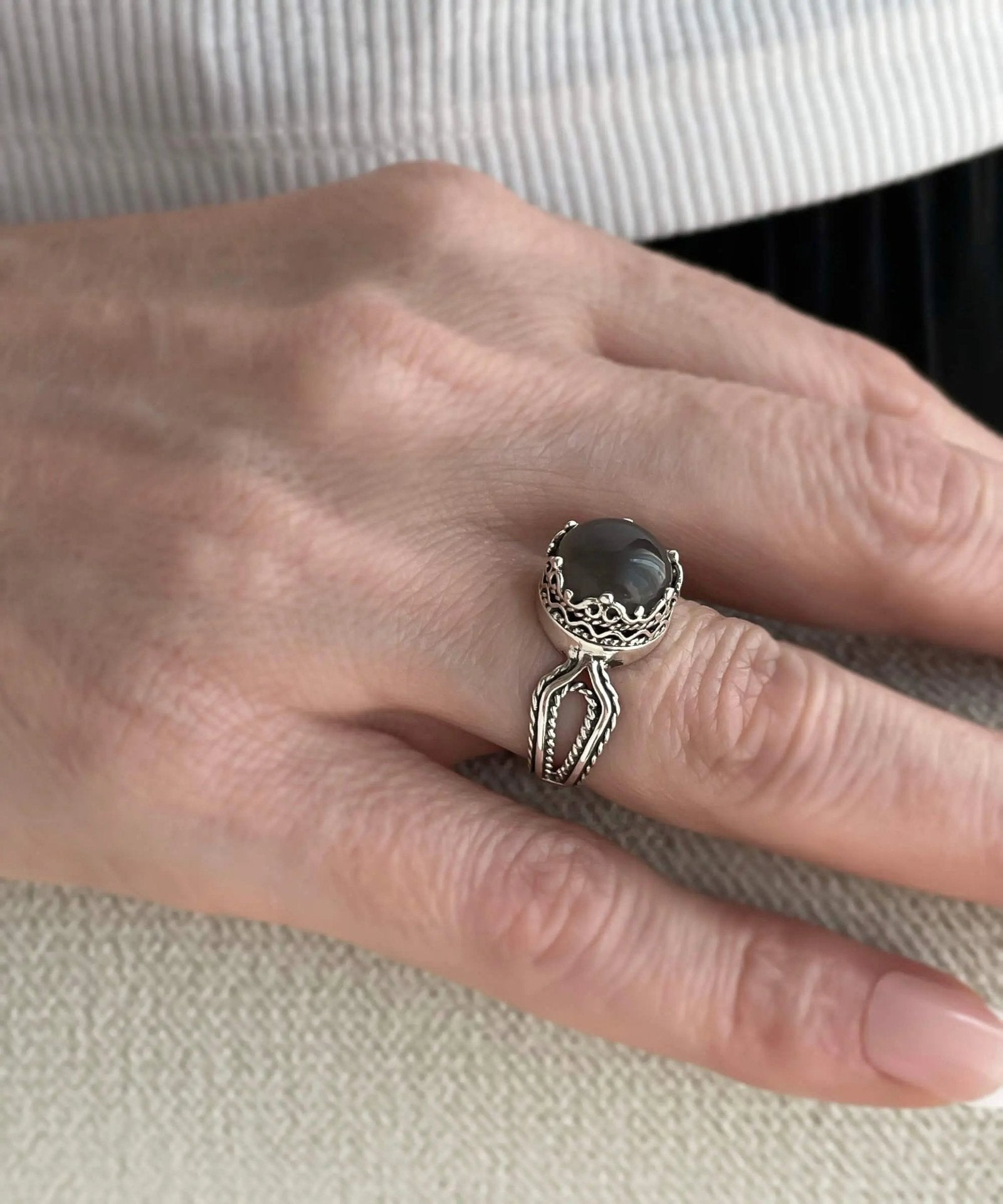 Gray Moonstone Gemstone Filigree Art Women Sterling Silver Cocktail Ring - Drakoi Marketplace