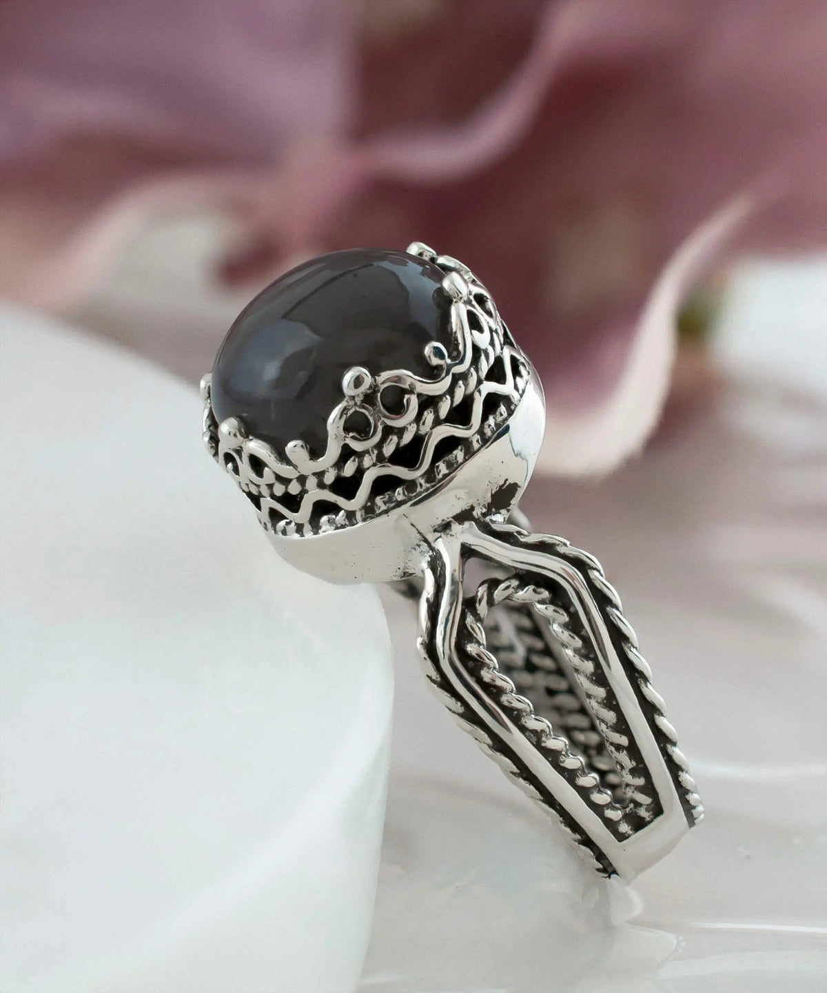 Gray Moonstone Gemstone Filigree Art Women Sterling Silver Cocktail Ring - Drakoi Marketplace