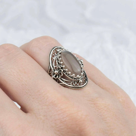 Gray Moonstone Gemstone Sterling Silver Women Statement Ring with Daisy Figures - Drakoi Marketplace