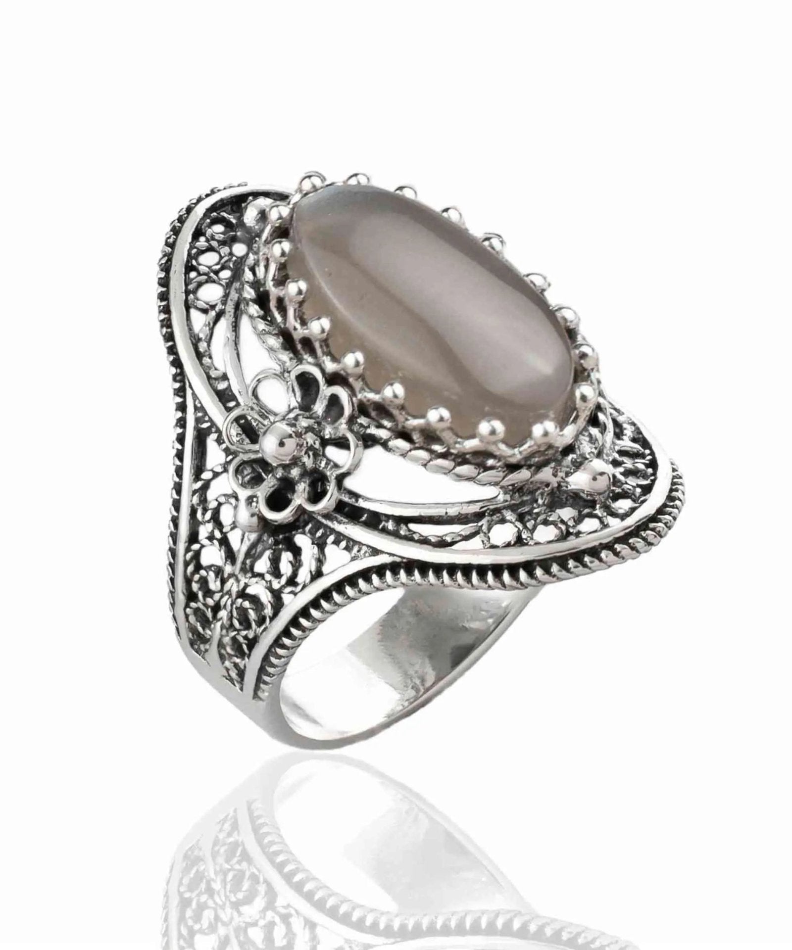 Gray Moonstone Gemstone Sterling Silver Women Statement Ring with Daisy Figures - Drakoi Marketplace