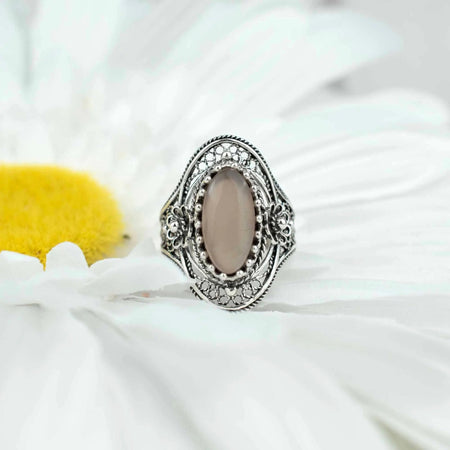 Gray Moonstone Gemstone Sterling Silver Women Statement Ring with Daisy Figures - Drakoi Marketplace