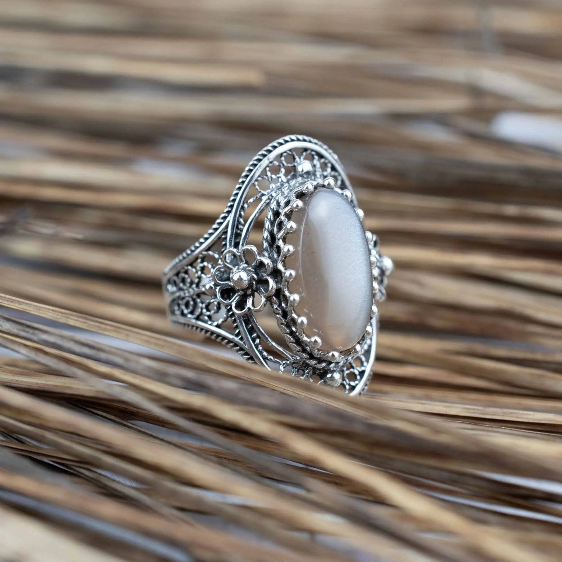 Gray Moonstone Gemstone Sterling Silver Women Statement Ring with Daisy Figures - Drakoi Marketplace