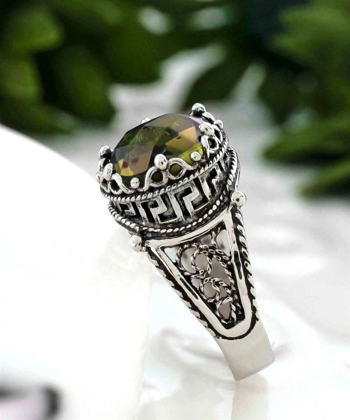 Greek Key Pattern Filigree Art Alexandrite Gemstone Women Silver Cocktail Ring - Drakoi Marketplace