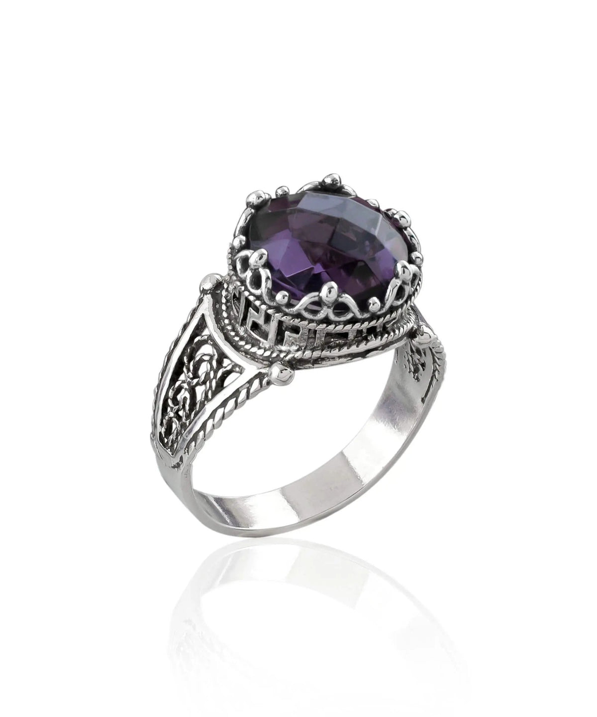 Greek Key Pattern Filigree Art Amethyst Gemstone Women Silver Cocktail Ring - Drakoi Marketplace