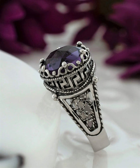 Greek Key Pattern Filigree Art Amethyst Gemstone Women Silver Cocktail Ring - Drakoi Marketplace