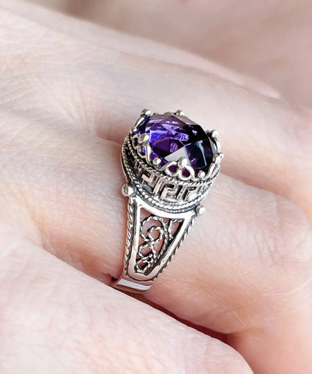 Greek Key Pattern Filigree Art Amethyst Gemstone Women Silver Cocktail Ring - Drakoi Marketplace