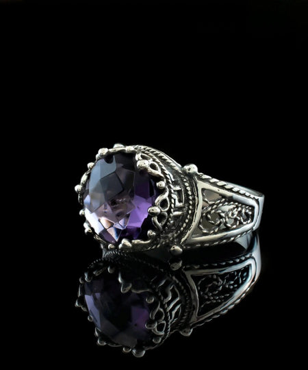 Greek Key Pattern Filigree Art Amethyst Gemstone Women Silver Cocktail Ring - Drakoi Marketplace