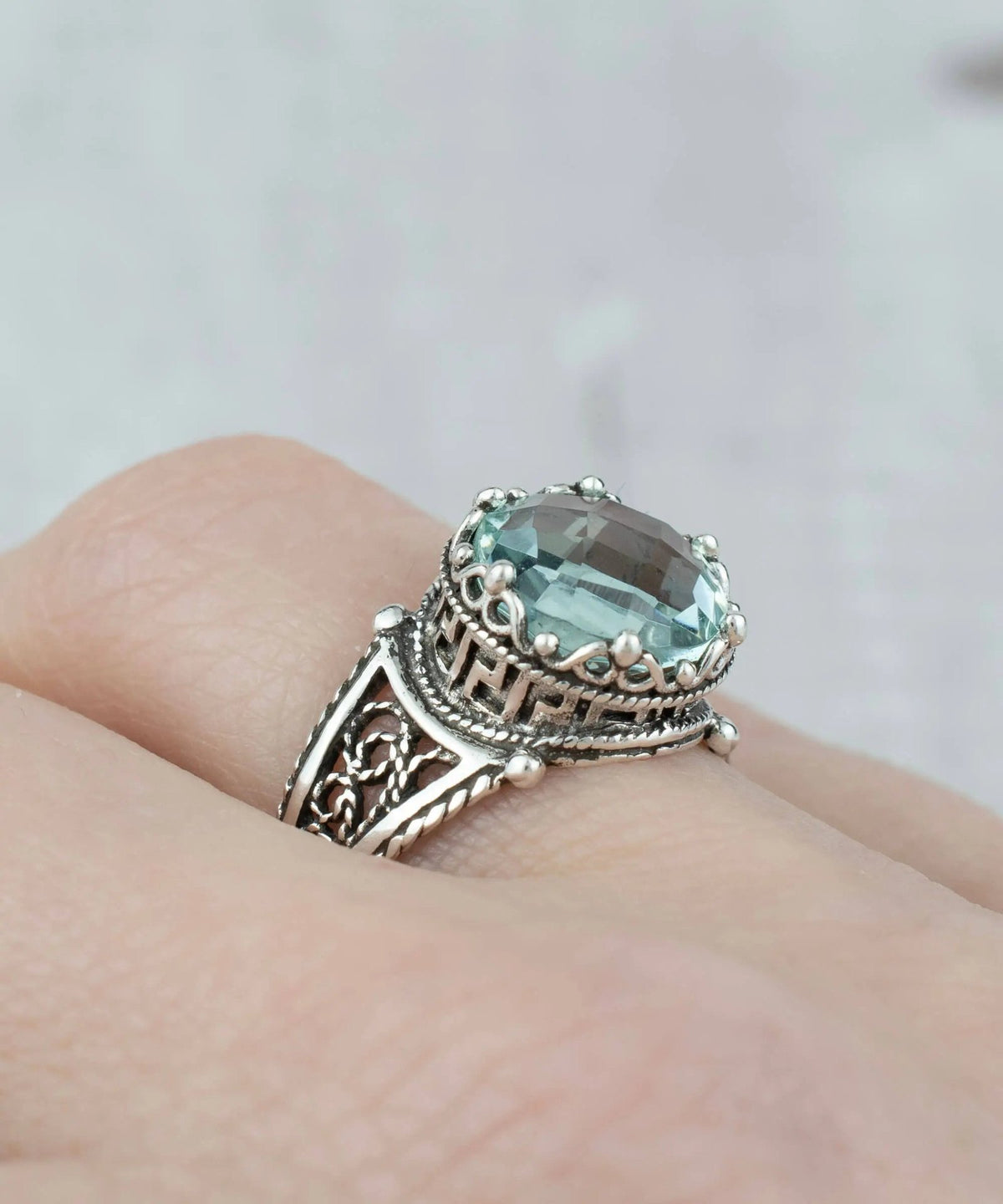 Greek Key Pattern Filigree Art Aquamarine Gemstone Women Silver Cocktail Ring - Drakoi Marketplace