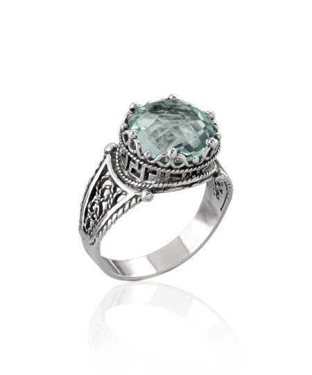 Greek Key Pattern Filigree Art Aquamarine Gemstone Women Silver Cocktail Ring - Drakoi Marketplace