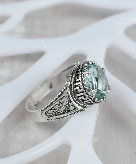 Greek Key Pattern Filigree Art Aquamarine Gemstone Women Silver Cocktail Ring - Drakoi Marketplace