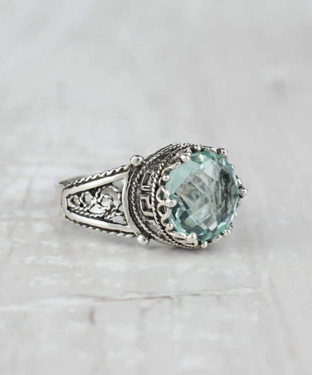 Greek Key Pattern Filigree Art Aquamarine Gemstone Women Silver Cocktail Ring - Drakoi Marketplace