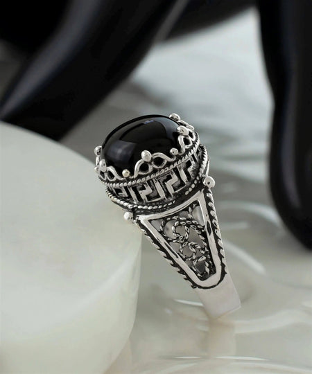 Greek Key Pattern Filigree Art Black Onyx Gemstone Women Silver Cocktail Ring - Drakoi Marketplace