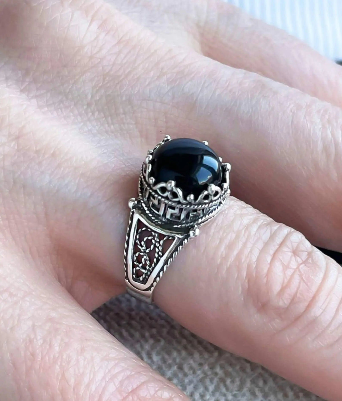 Greek Key Pattern Filigree Art Black Onyx Gemstone Women Silver Cocktail Ring - Drakoi Marketplace