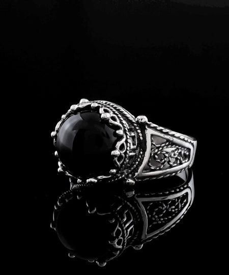 Greek Key Pattern Filigree Art Black Onyx Gemstone Women Silver Cocktail Ring - Drakoi Marketplace