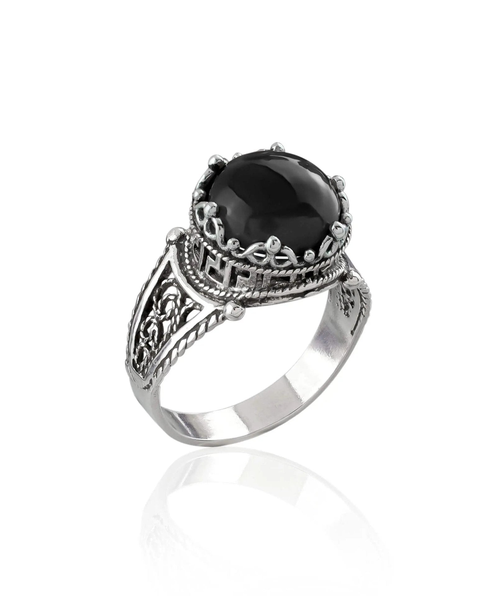 Greek Key Pattern Filigree Art Black Onyx Gemstone Women Silver Cocktail Ring - Drakoi Marketplace