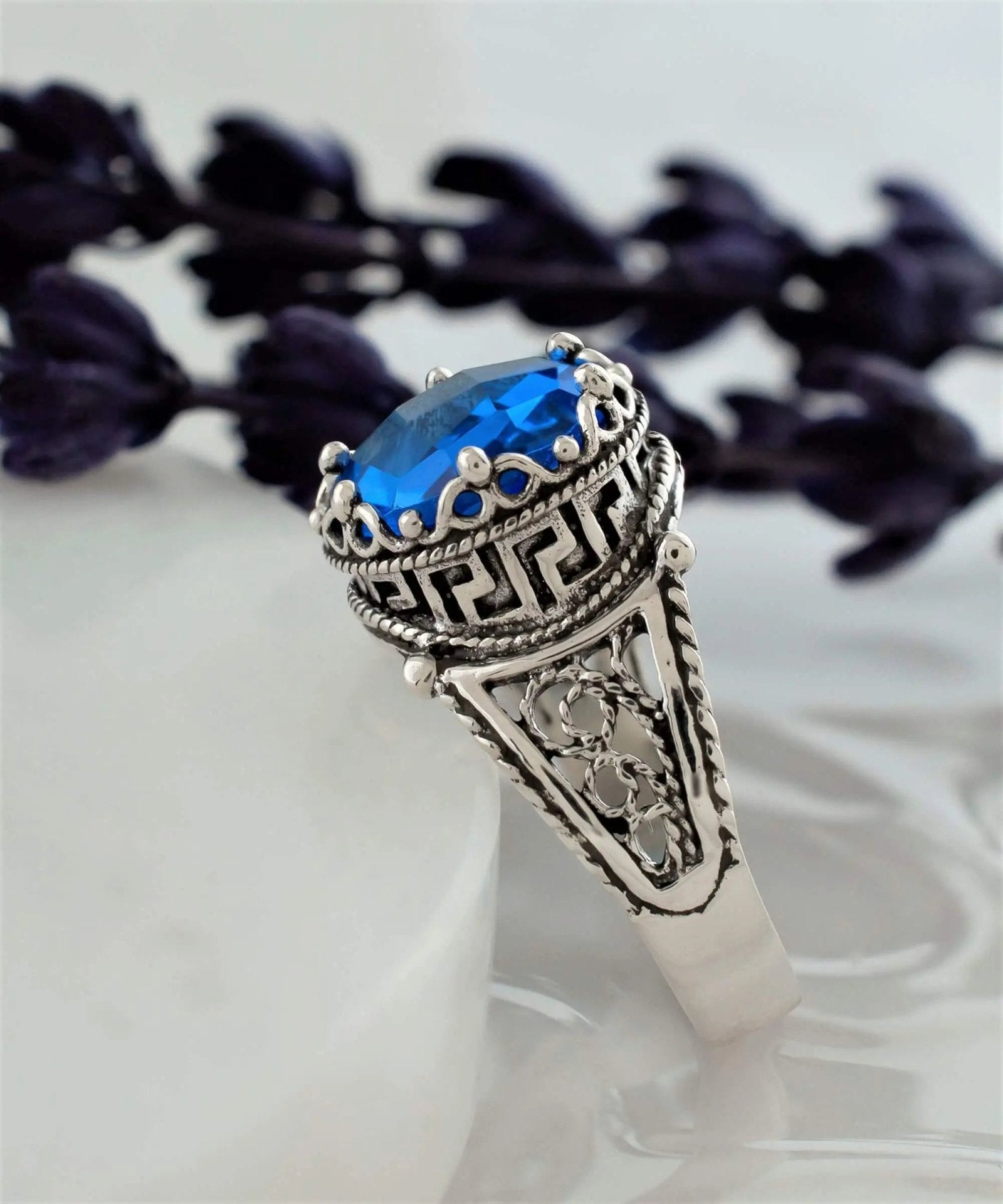 Greek Key Pattern Filigree Art Blue Quartz Gemstone Women Silver Cocktail Ring - Drakoi Marketplace