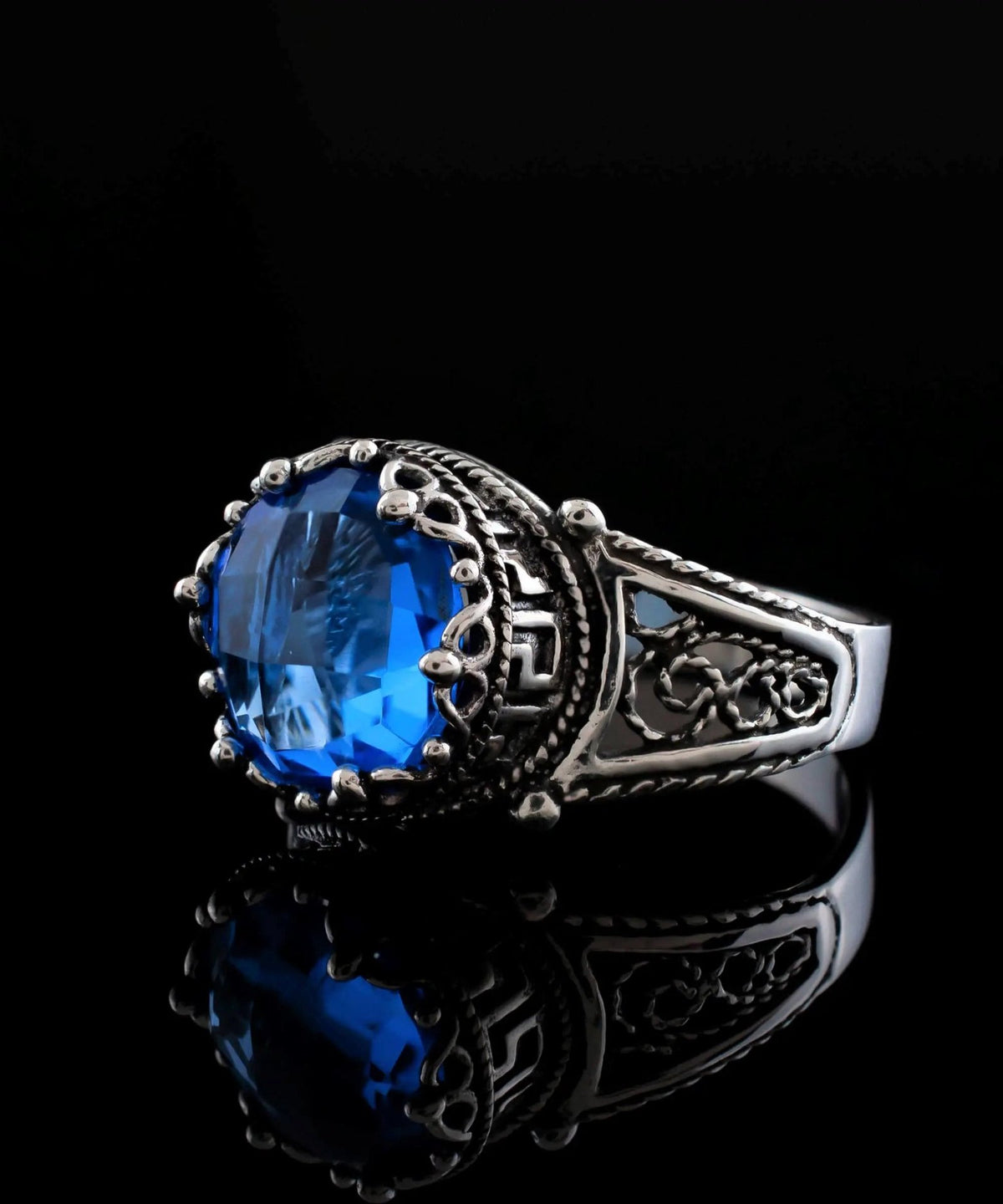 Greek Key Pattern Filigree Art Blue Quartz Gemstone Women Silver Cocktail Ring - Drakoi Marketplace