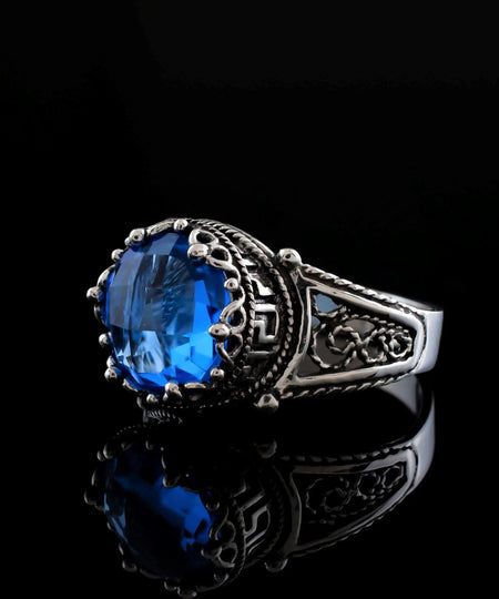 Greek Key Pattern Filigree Art Blue Quartz Gemstone Women Silver Cocktail Ring - Drakoi Marketplace