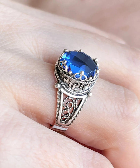 Greek Key Pattern Filigree Art Blue Quartz Gemstone Women Silver Cocktail Ring - Drakoi Marketplace