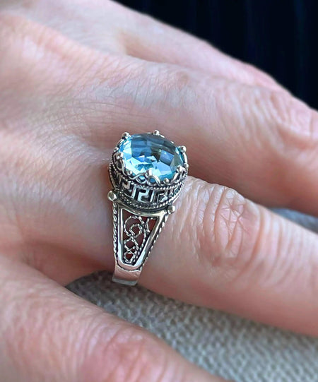 Greek Key Pattern Filigree Art Blue Topaz Gemstone Women Silver Cocktail Ring - Drakoi Marketplace