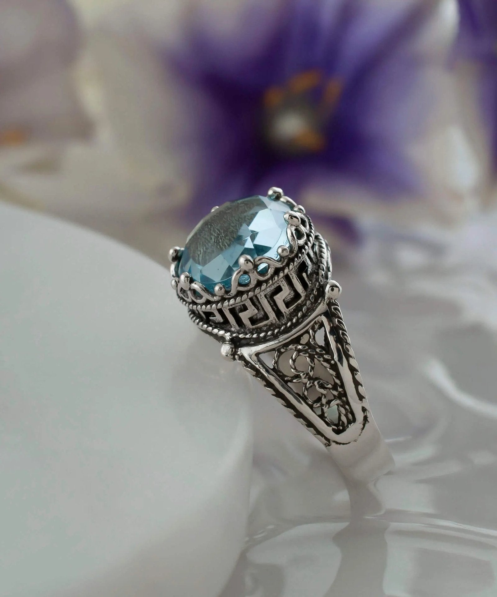 Greek Key Pattern Filigree Art Blue Topaz Gemstone Women Silver Cocktail Ring - Drakoi Marketplace