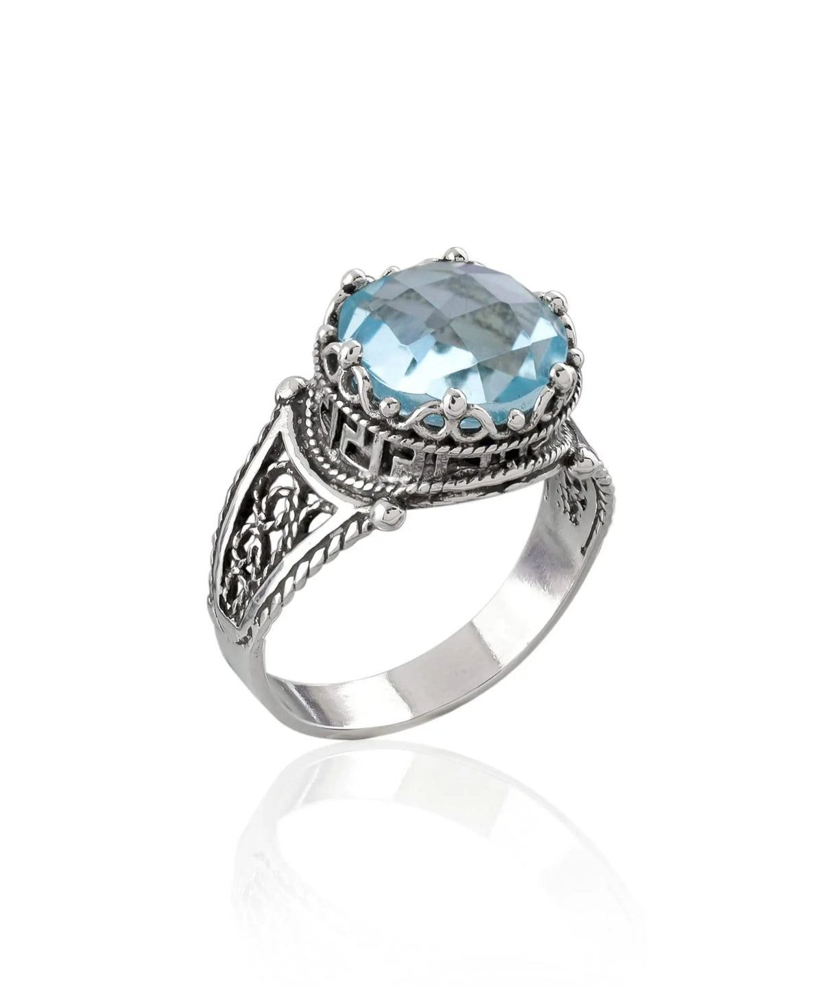 Greek Key Pattern Filigree Art Blue Topaz Gemstone Women Silver Cocktail Ring - Drakoi Marketplace