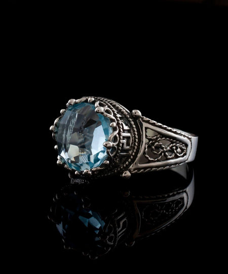 Greek Key Pattern Filigree Art Blue Topaz Gemstone Women Silver Cocktail Ring - Drakoi Marketplace