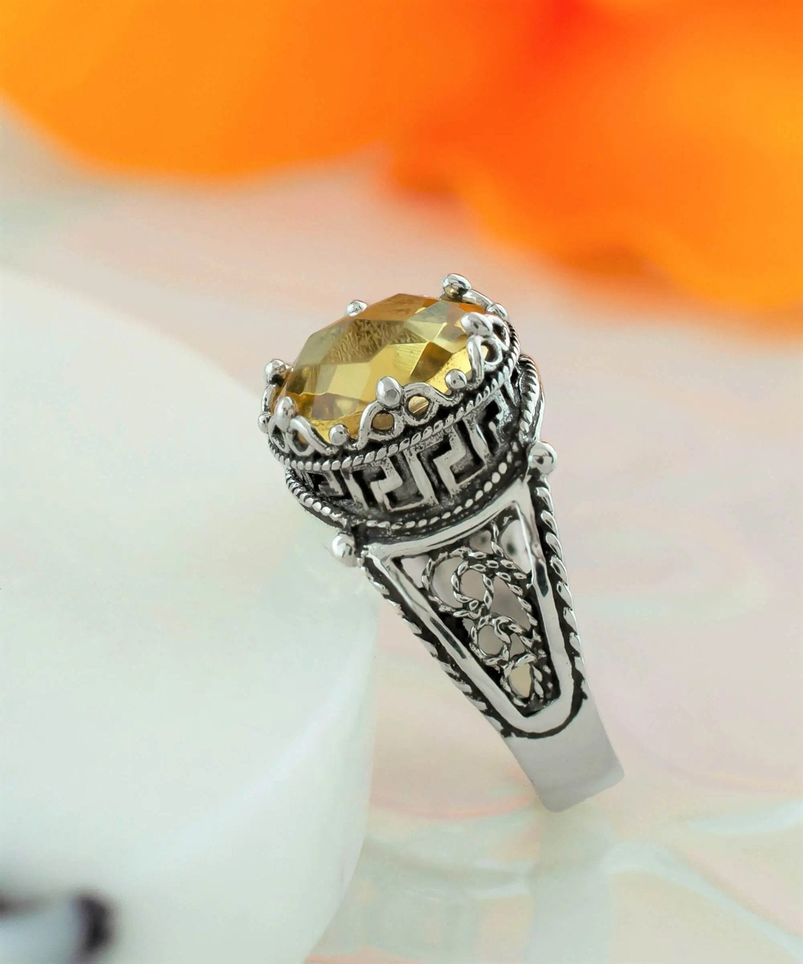 Greek Key Pattern Filigree Art Citrine Gemstone Women Silver Cocktail Ring - Drakoi Marketplace