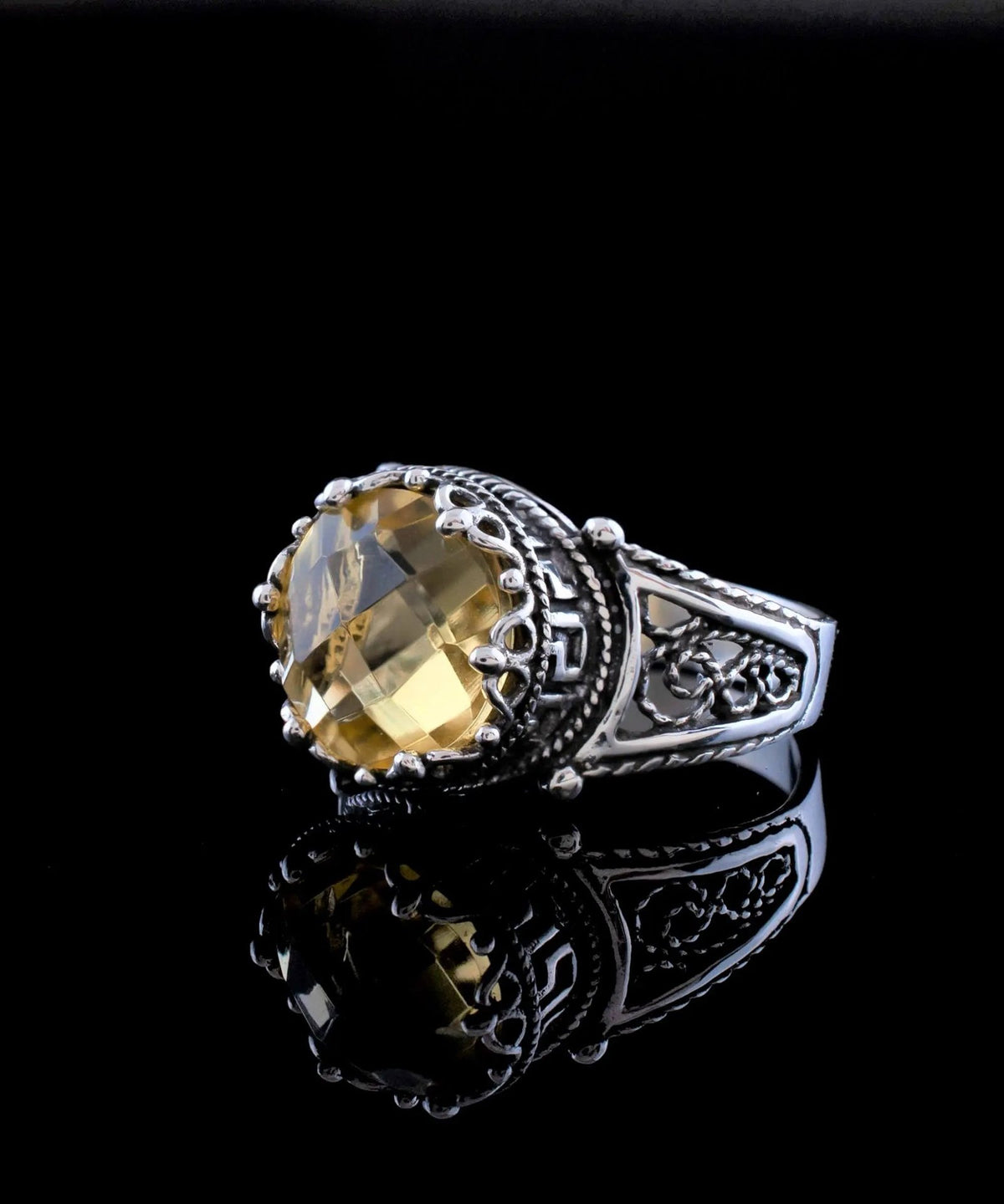 Greek Key Pattern Filigree Art Citrine Gemstone Women Silver Cocktail Ring - Drakoi Marketplace