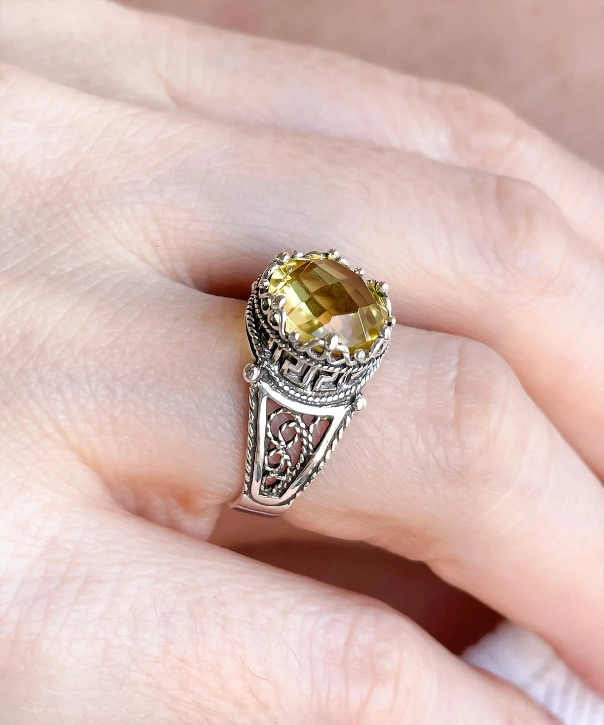 Greek Key Pattern Filigree Art Citrine Gemstone Women Silver Cocktail Ring - Drakoi Marketplace