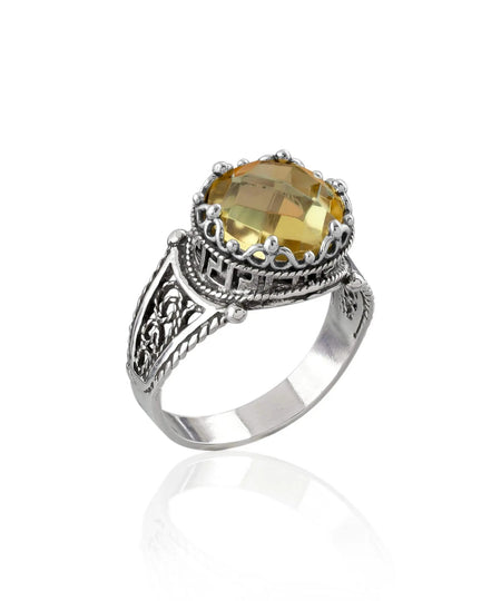 Greek Key Pattern Filigree Art Citrine Gemstone Women Silver Cocktail Ring - Drakoi Marketplace