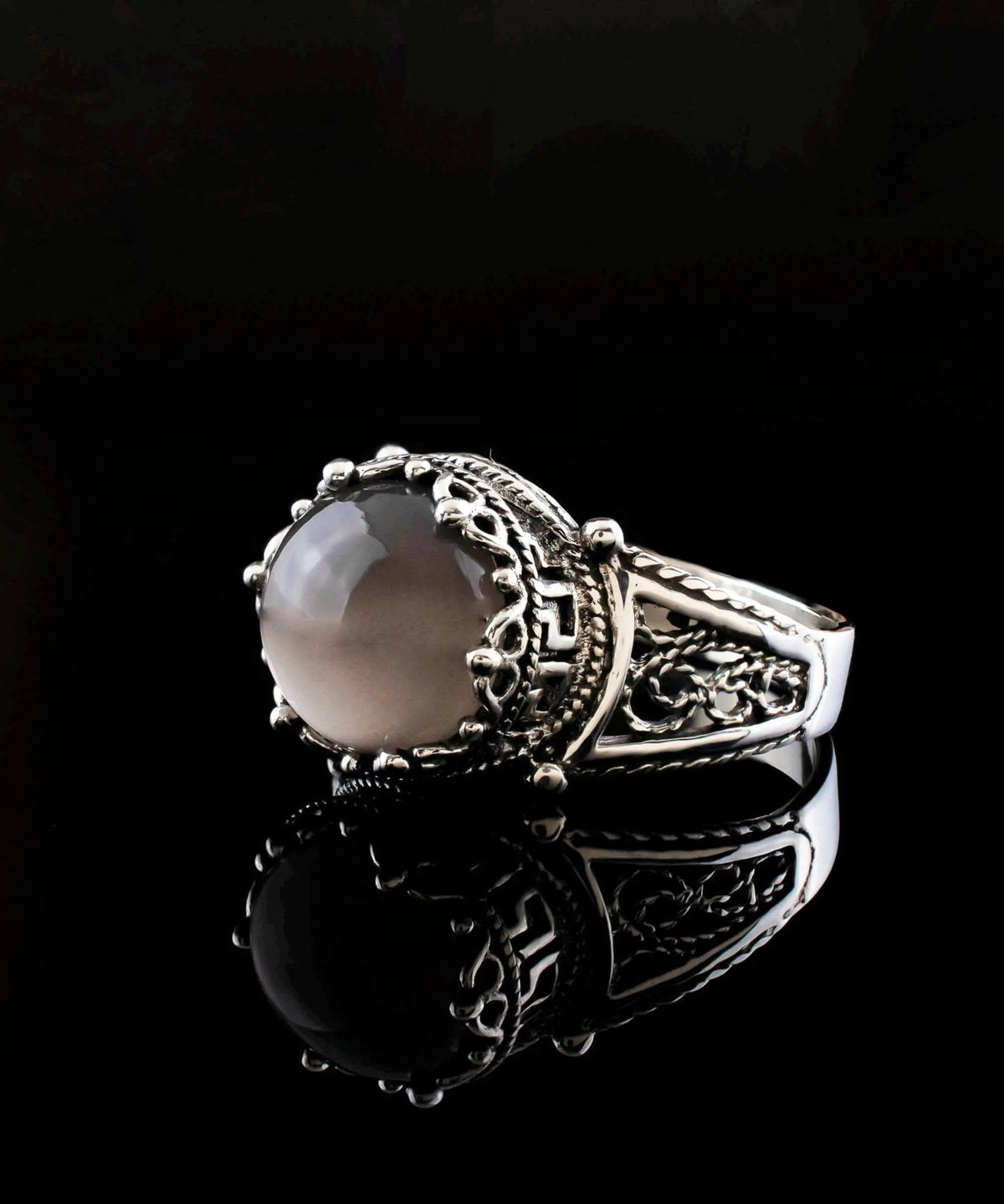 Greek Key Pattern Filigree Art Gray Moonstone Gemstone Women Silver Cocktail Ring - Drakoi Marketplace