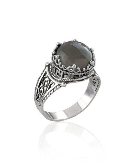 Greek Key Pattern Filigree Art Gray Moonstone Gemstone Women Silver Cocktail Ring - Drakoi Marketplace