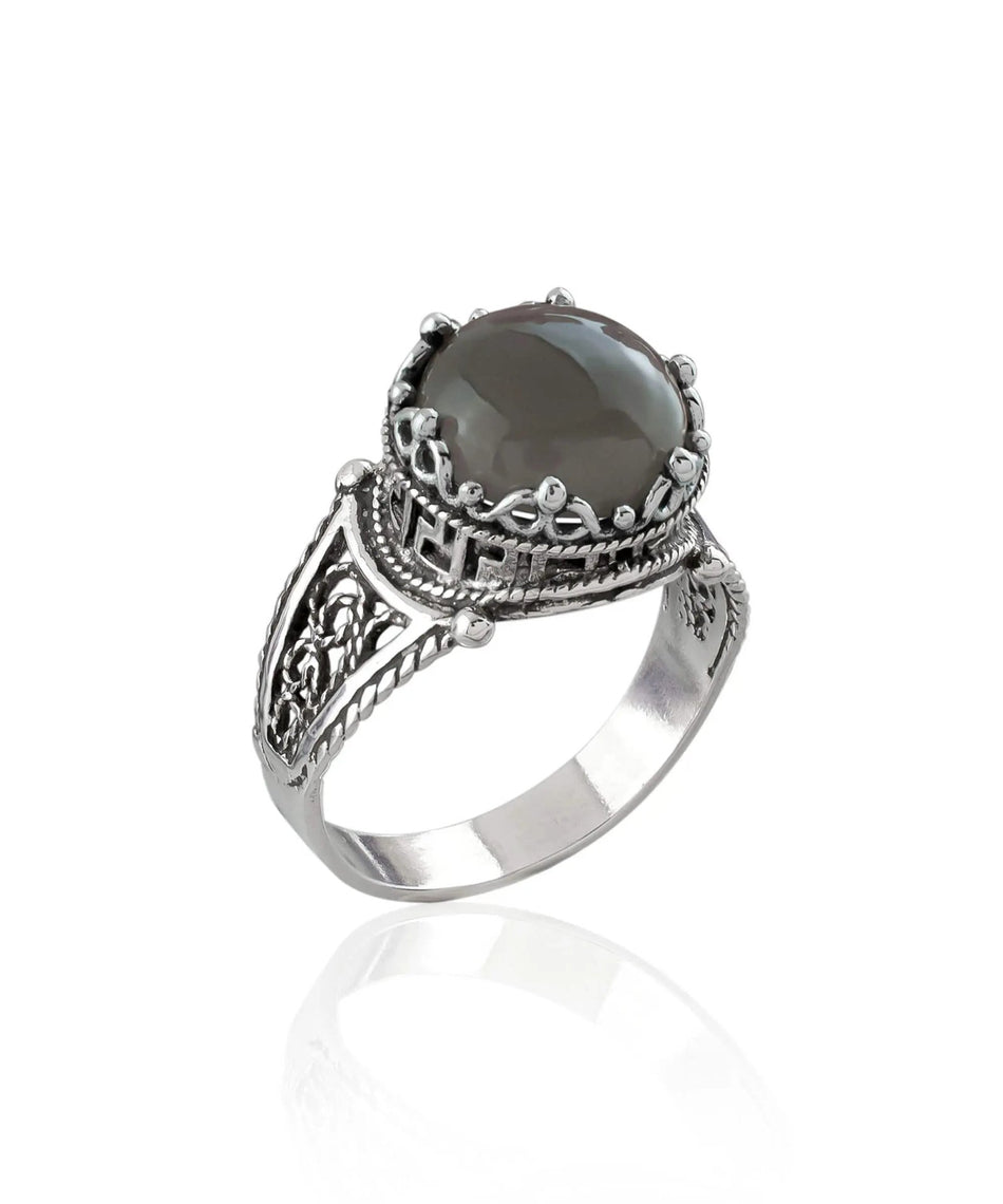 Greek Key Pattern Filigree Art Gray Moonstone Gemstone Women Silver Cocktail Ring - Drakoi Marketplace