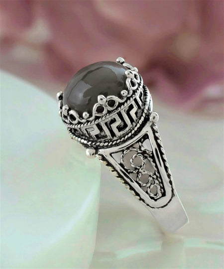 Greek Key Pattern Filigree Art Gray Moonstone Gemstone Women Silver Cocktail Ring - Drakoi Marketplace