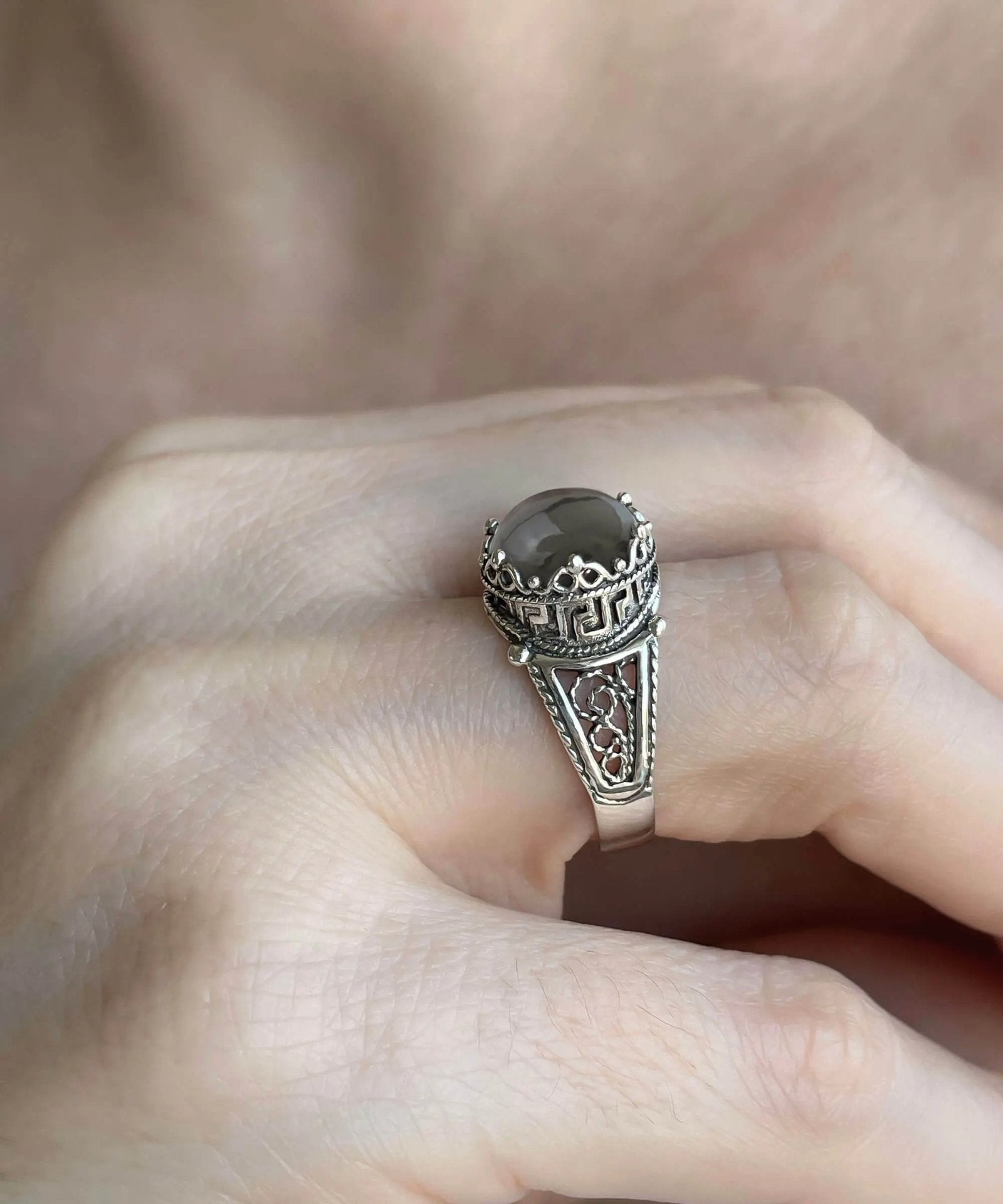 Greek Key Pattern Filigree Art Gray Moonstone Gemstone Women Silver Cocktail Ring - Drakoi Marketplace