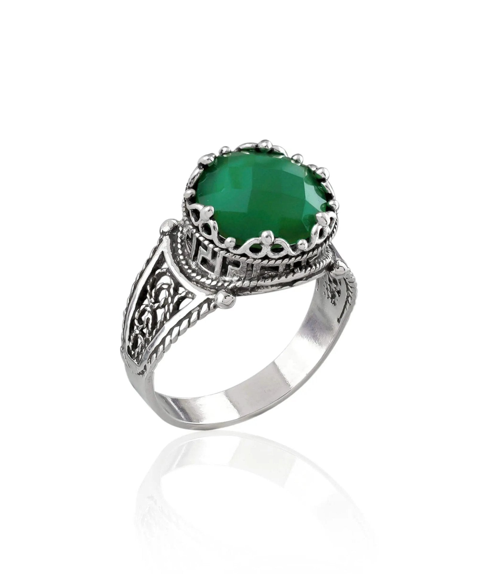 Greek Key Pattern Filigree Art Green Agate Gemstone Women Silver Cocktail Ring - Drakoi Marketplace