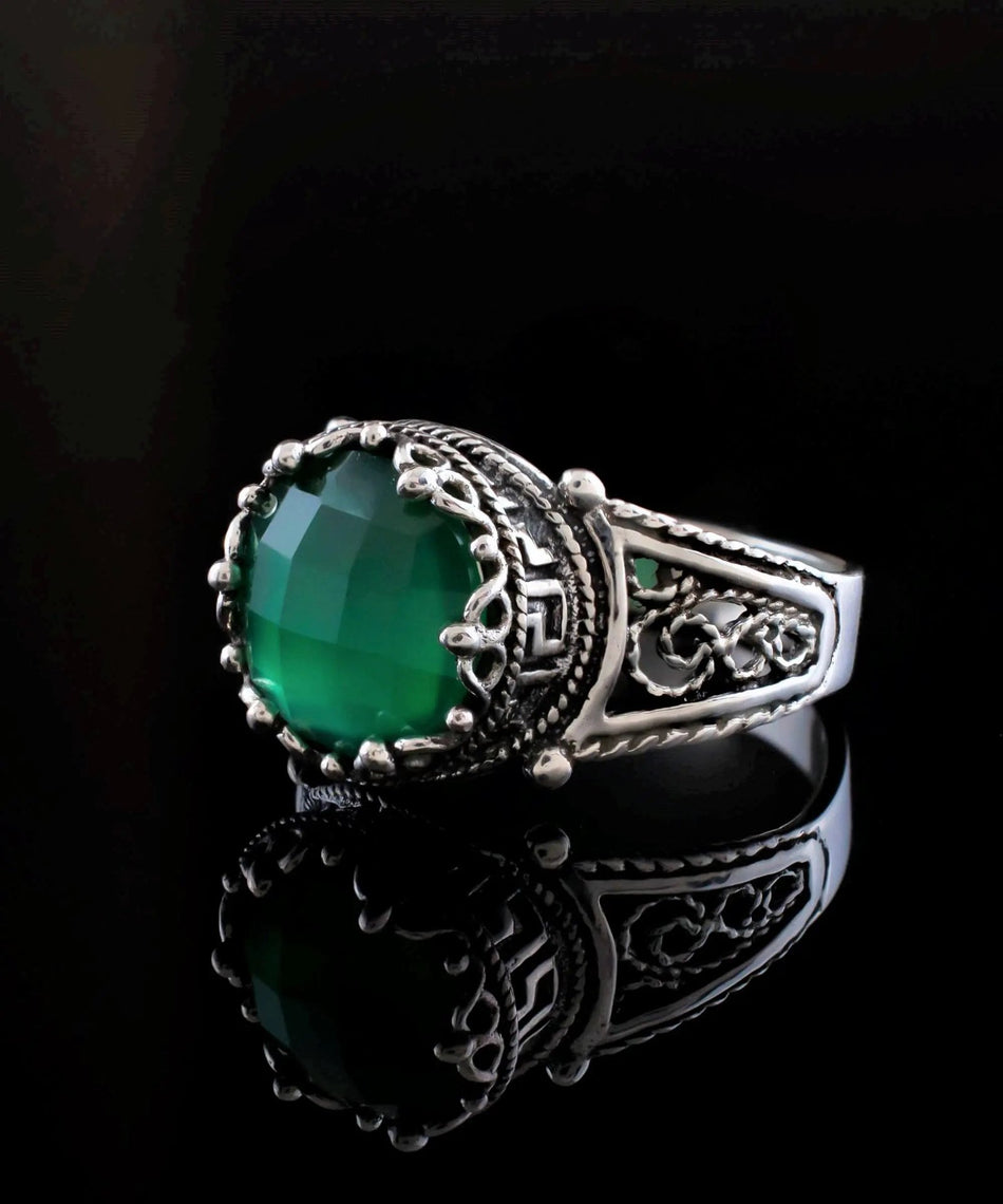 Greek Key Pattern Filigree Art Green Agate Gemstone Women Silver Cocktail Ring - Drakoi Marketplace