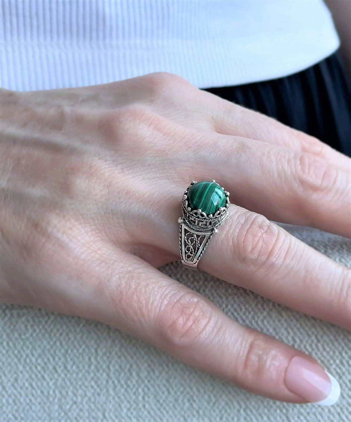 Greek Key Pattern Filigree Art Malachite Gemstone Women Silver Cocktail Ring - Drakoi Marketplace