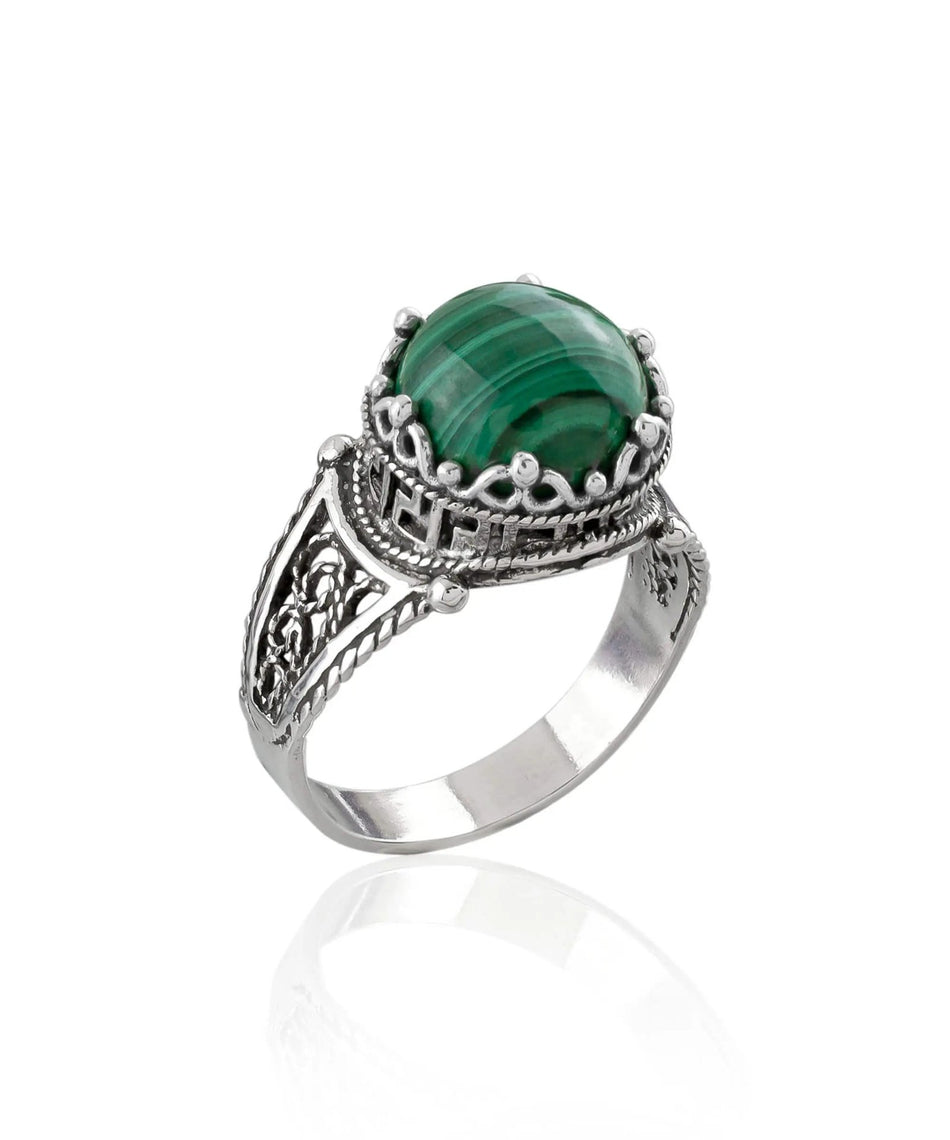 Greek Key Pattern Filigree Art Malachite Gemstone Women Silver Cocktail Ring - Drakoi Marketplace