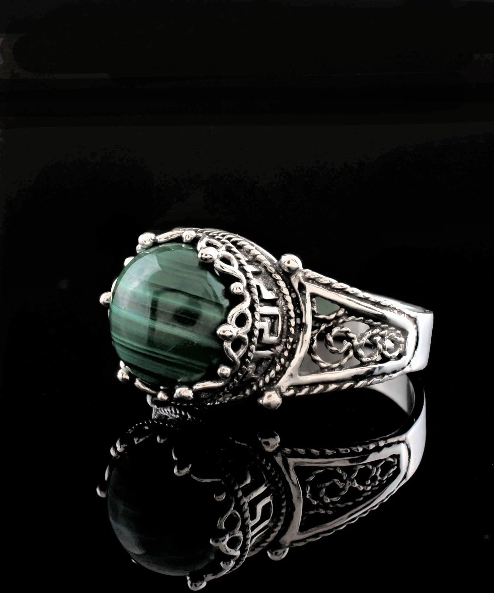 Greek Key Pattern Filigree Art Malachite Gemstone Women Silver Cocktail Ring - Drakoi Marketplace