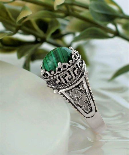 Greek Key Pattern Filigree Art Malachite Gemstone Women Silver Cocktail Ring - Drakoi Marketplace