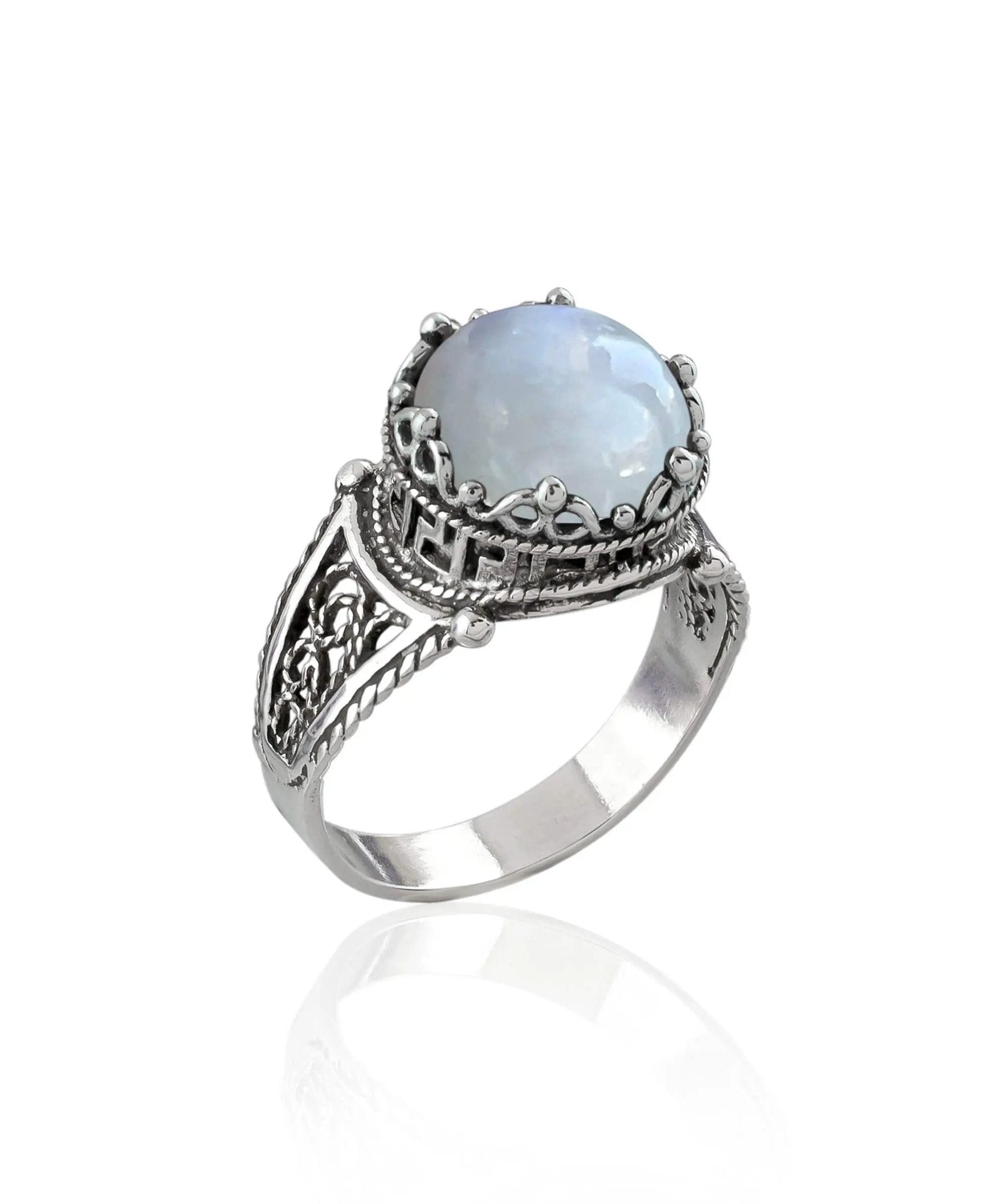 Greek Key Pattern Filigree Art Moonstone Gemstone Women Silver Cocktail Ring - Drakoi Marketplace