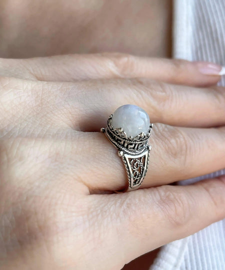 Greek Key Pattern Filigree Art Moonstone Gemstone Women Silver Cocktail Ring - Drakoi Marketplace