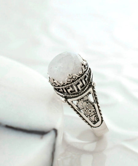 Greek Key Pattern Filigree Art Moonstone Gemstone Women Silver Cocktail Ring - Drakoi Marketplace