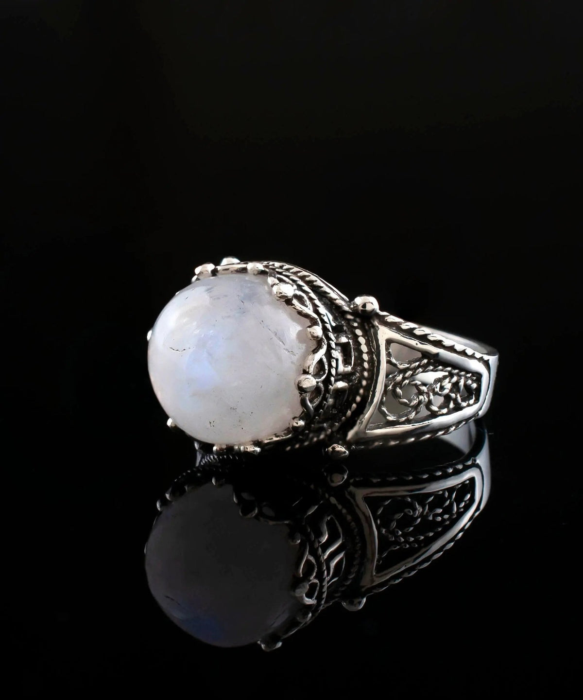 Greek Key Pattern Filigree Art Moonstone Gemstone Women Silver Cocktail Ring - Drakoi Marketplace