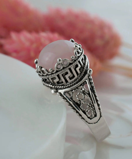 Greek Key Pattern Filigree Art Rose Quartz Gemstone Women Silver Cocktail Ring - Drakoi Marketplace