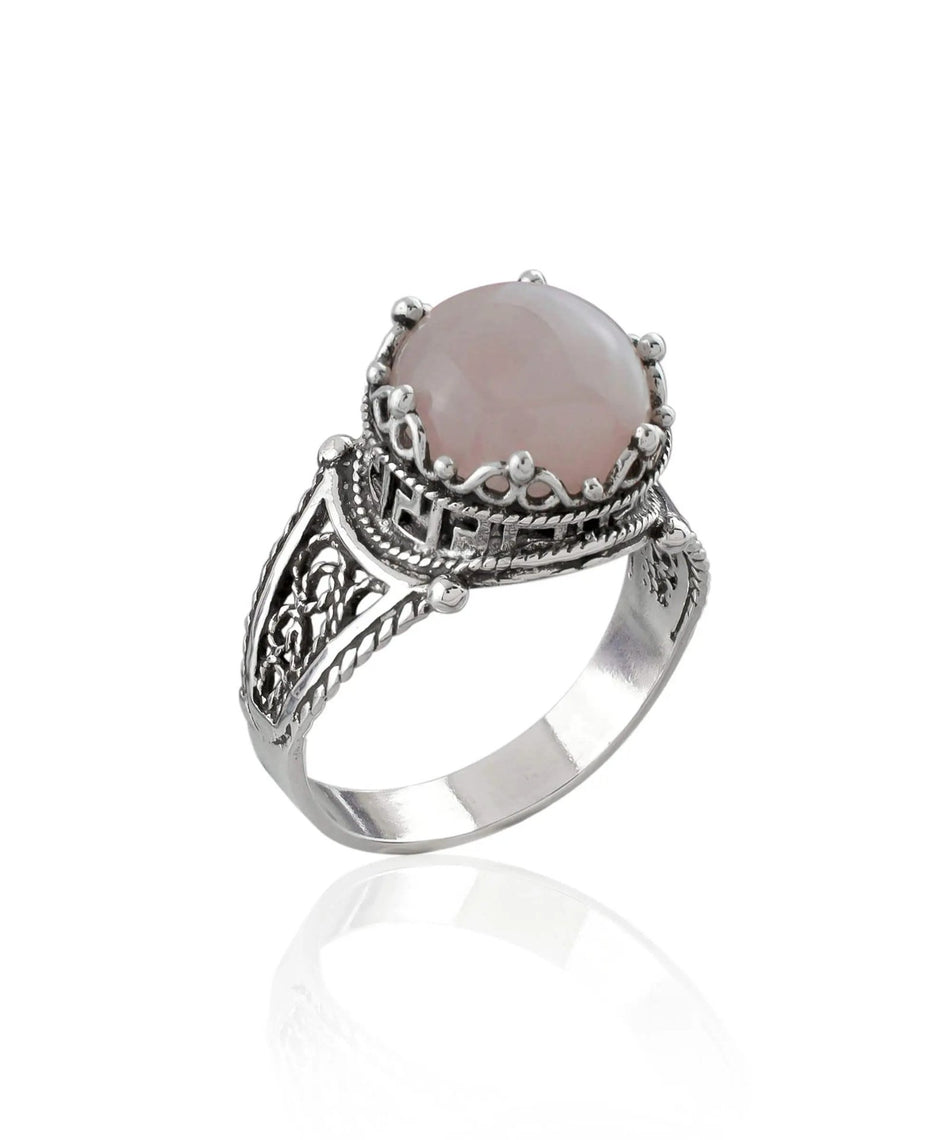 Greek Key Pattern Filigree Art Rose Quartz Gemstone Women Silver Cocktail Ring - Drakoi Marketplace