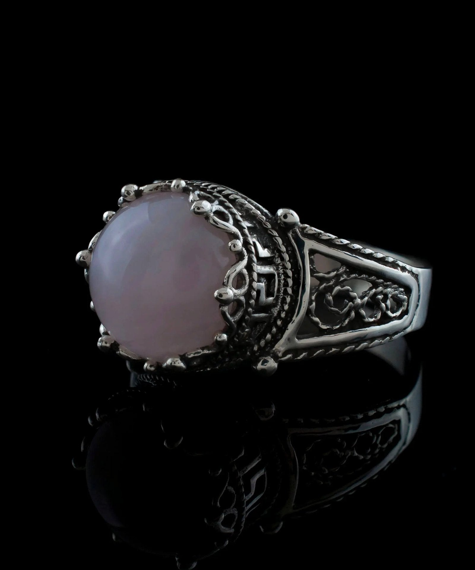 Greek Key Pattern Filigree Art Rose Quartz Gemstone Women Silver Cocktail Ring - Drakoi Marketplace