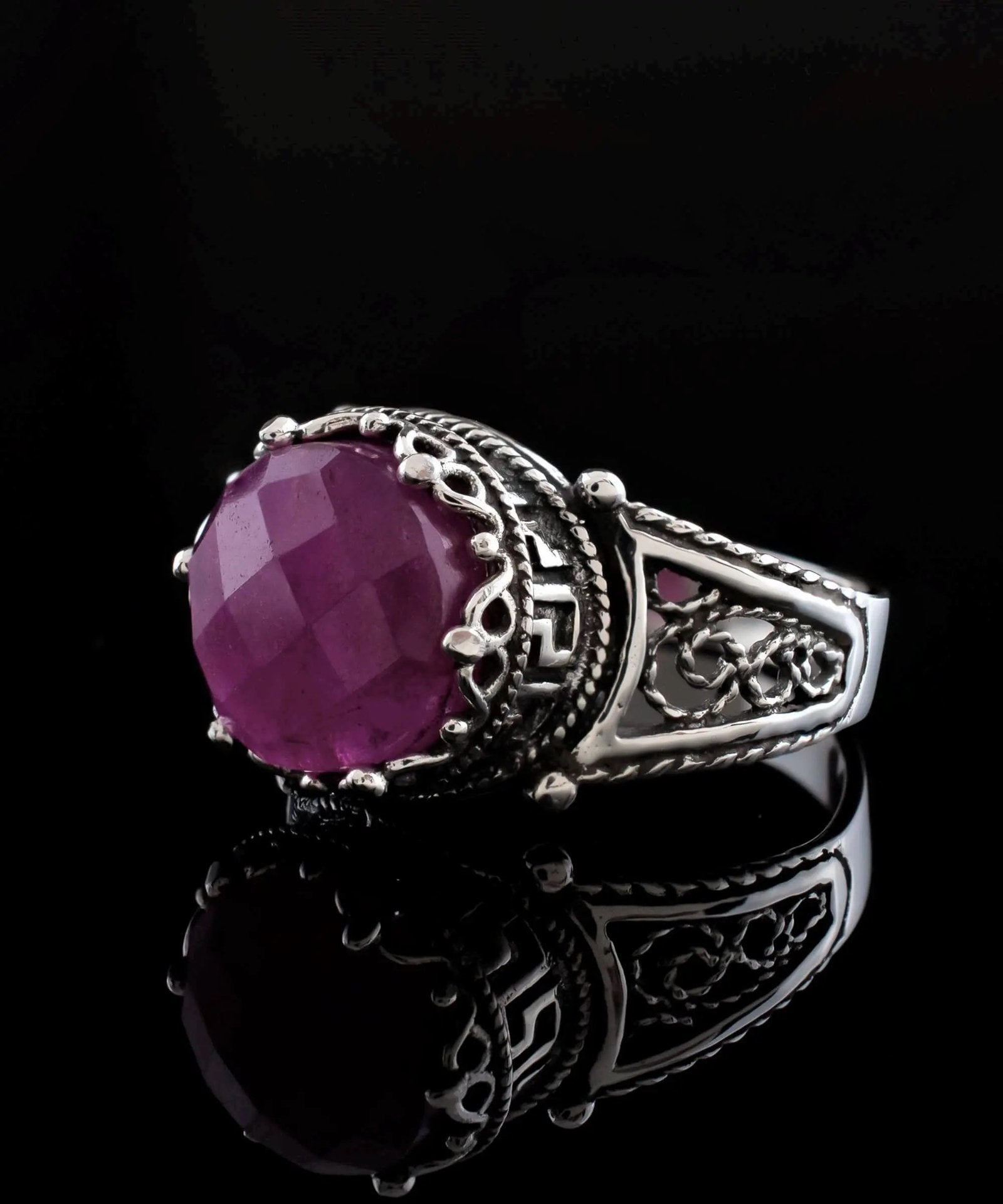 Greek Key Pattern Filigree Art Ruby Corundum Gemstone Women Silver Cocktail Ring - Drakoi Marketplace